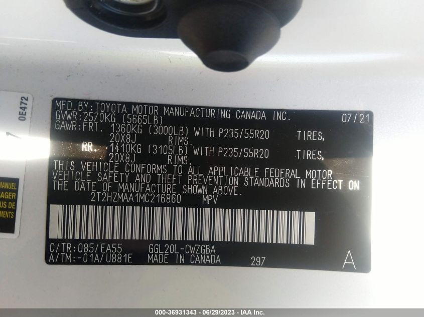 2021 LEXUS RX RX 350 - 2T2HZMAA1MC216860