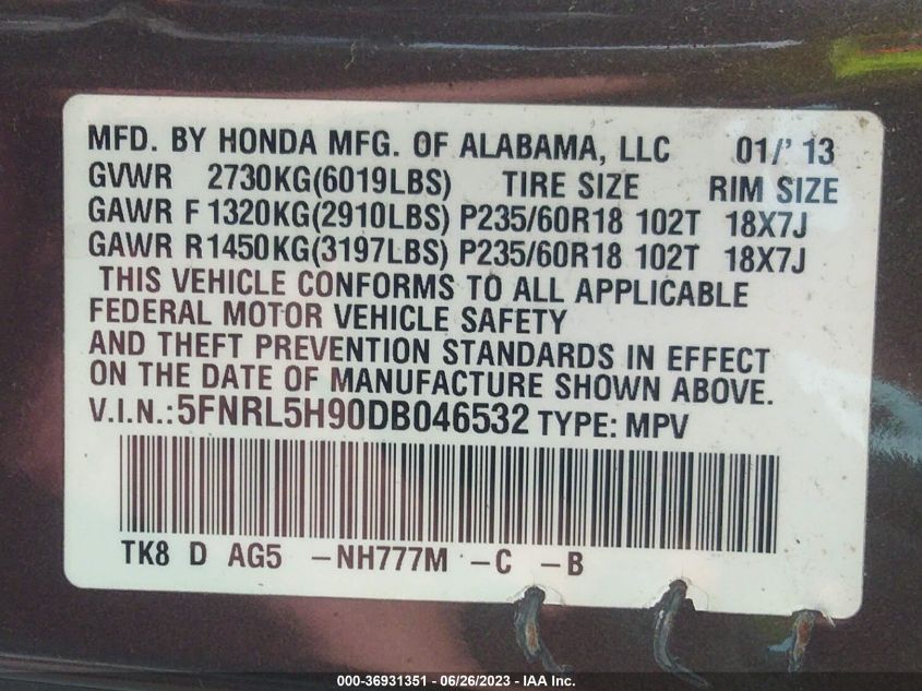 2013 HONDA ODYSSEY TOURING - 5FNRL5H90DB046532