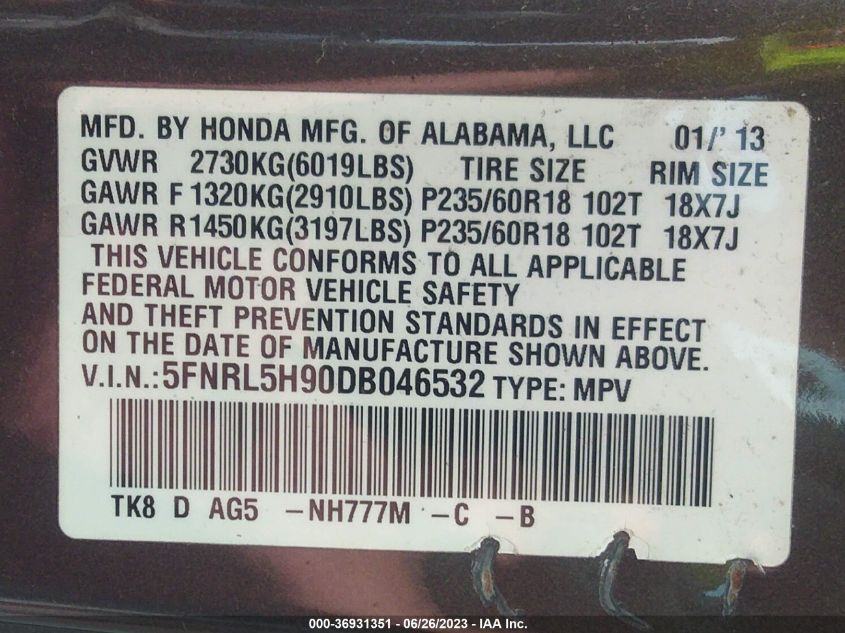 VIN 5FNRL5H90DB046532 2013 HONDA ODYSSEY no.9