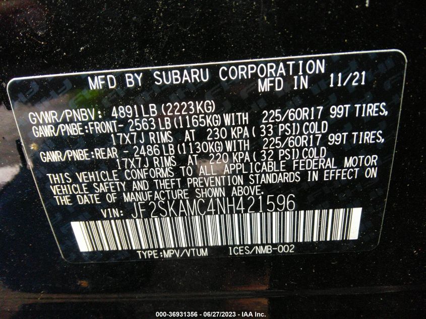2022 SUBARU FORESTER WILDERNESS - JF2SKAMC4NH421596