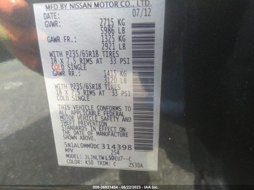 2013 INFINITI JX - 5N1AL0MM0DC314398