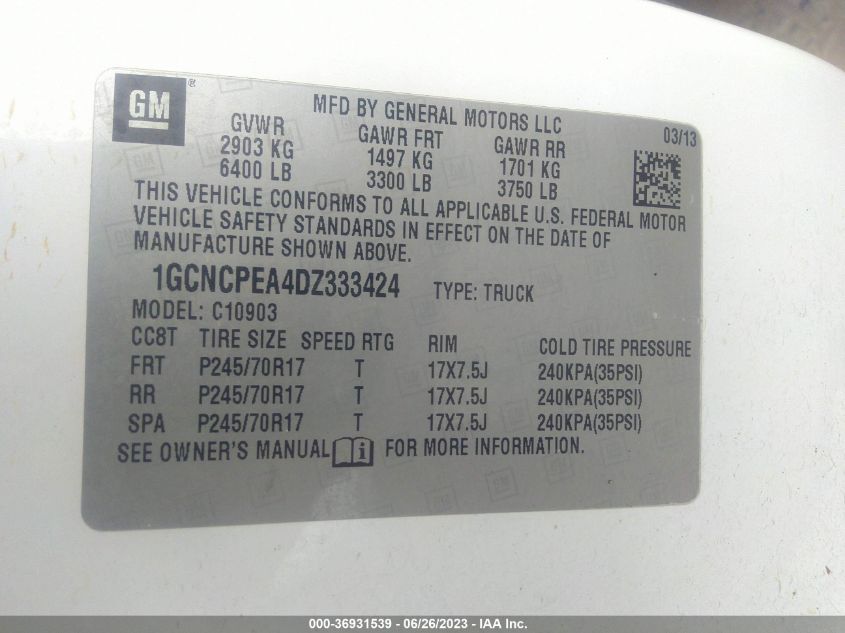 2013 CHEVROLET SILVERADO 1500 - 1GCNCPEA402333424