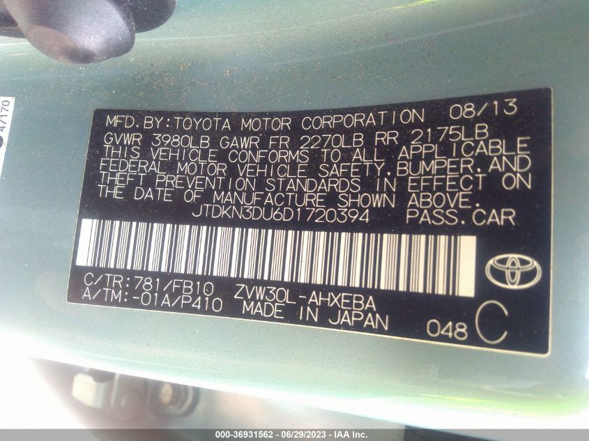 2013 TOYOTA PRIUS ONE/TWO/THREE/FOUR/FIVE - JTDKN3DU6D1720394