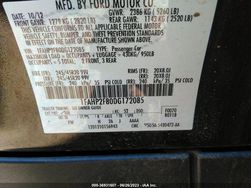 2013 FORD TAURUS LIMITED - 1FAHP2F80DG172085