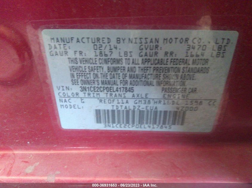 2014 NISSAN VERSA NOTE S/S PLUS/SV/SL - 3N1CE2CP0EL417845