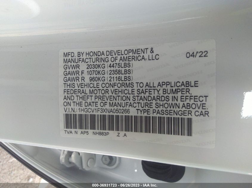 2022 HONDA ACCORD SEDAN SPORT - 1HGCV1F3XNA050266