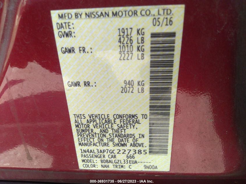 2016 NISSAN ALTIMA 2.5/S/SV/SL/SR - 1N4AL3AP7GC227385