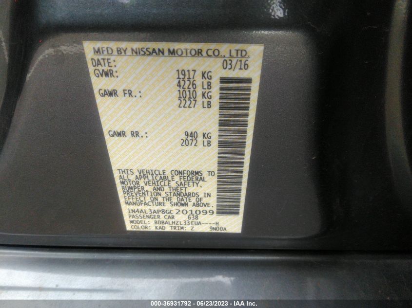 2016 NISSAN ALTIMA 2.5/S/SV/SL/SR - 1N4AL3AP8GT201099