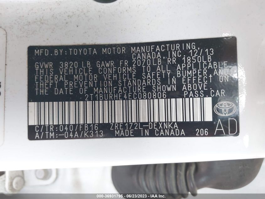 2014 TOYOTA COROLLA L/LE/LE PLS/PRM/S/S PLS - 2T1BURHE4EC080806