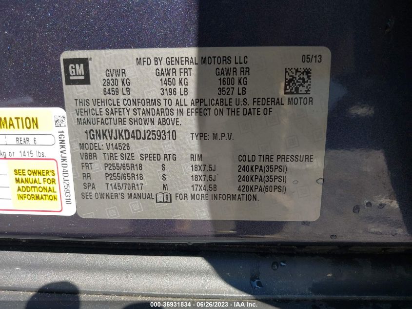 2013 CHEVROLET TRAVERSE LT - 1GNKVJKD4DJ259310