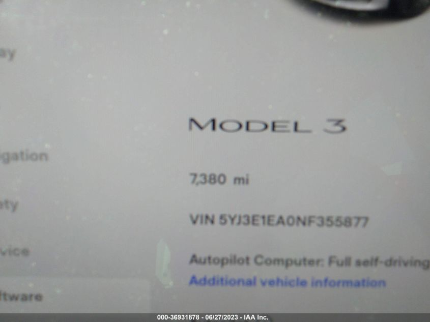 2022 TESLA MODEL 3 - 5YJ3E1EA0NF355877