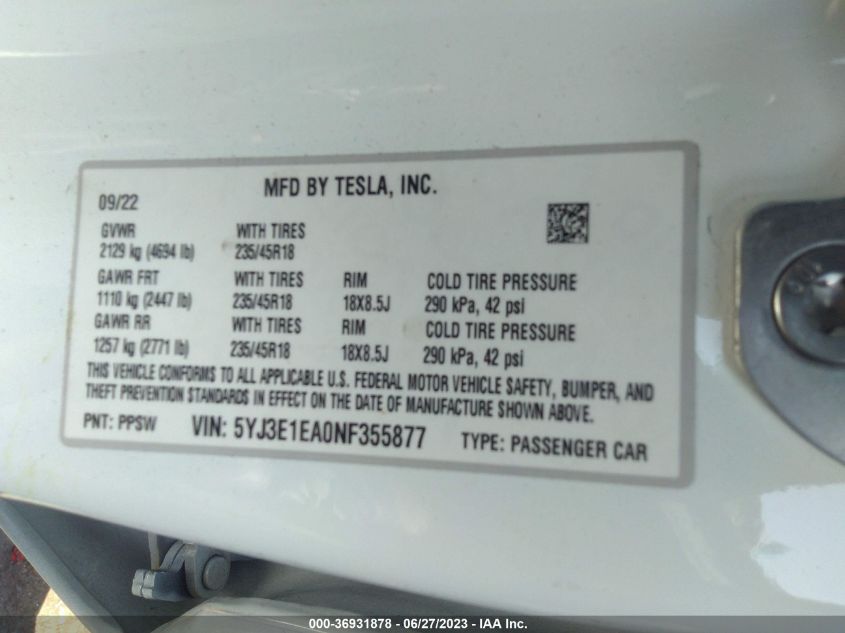 2022 TESLA MODEL 3 - 5YJ3E1EA0NF355877