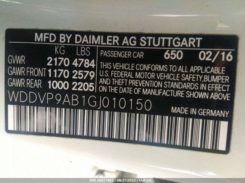 2016 MERCEDES-BENZ B-CLASS WDDVP9AB1GJ010150