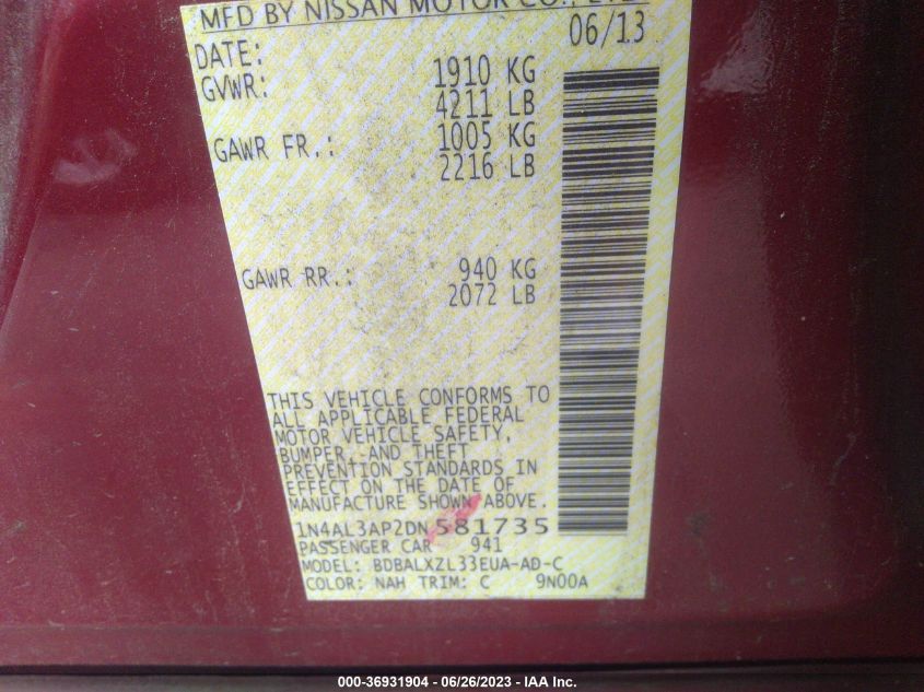 2013 NISSAN ALTIMA 2.5 SL - 1N4AL3AP2DN581735