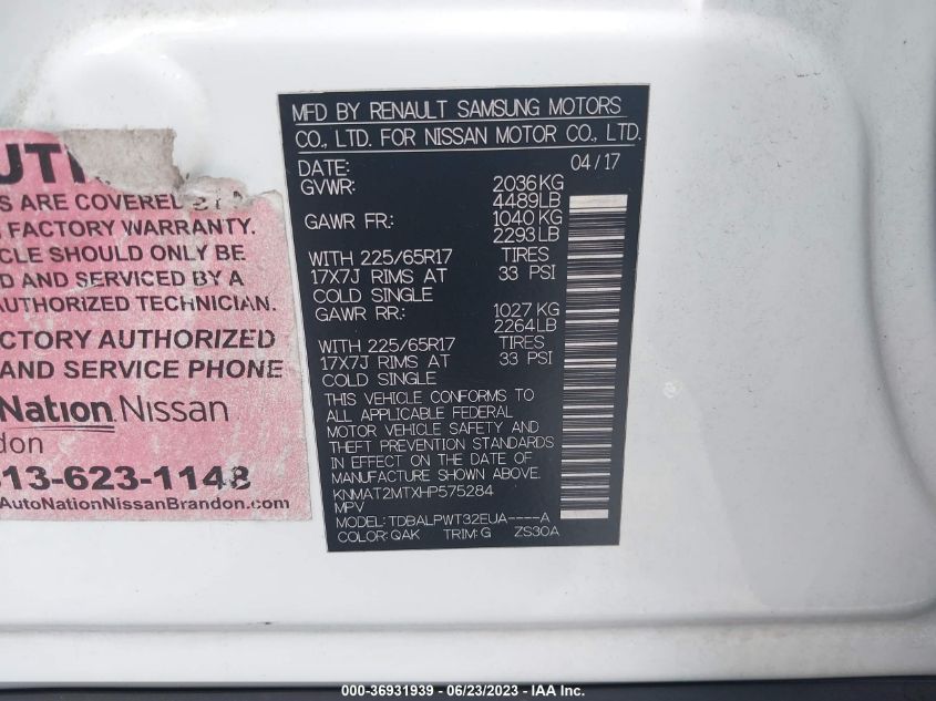 VIN KNMAT2MTXHP575284 2017 NISSAN ROGUE S/SV