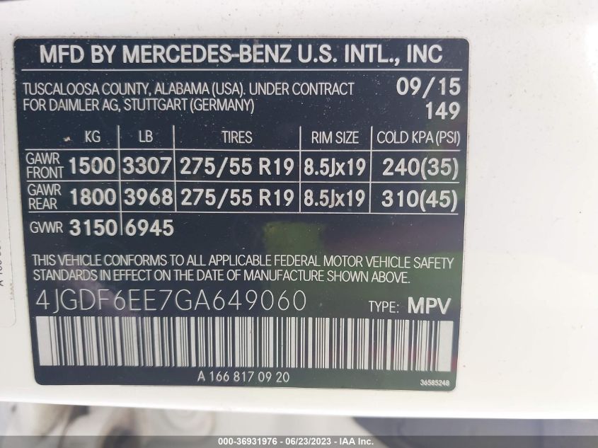 2016 MERCEDES-BENZ GL GL450 - 4JGDF6EE7GA649060