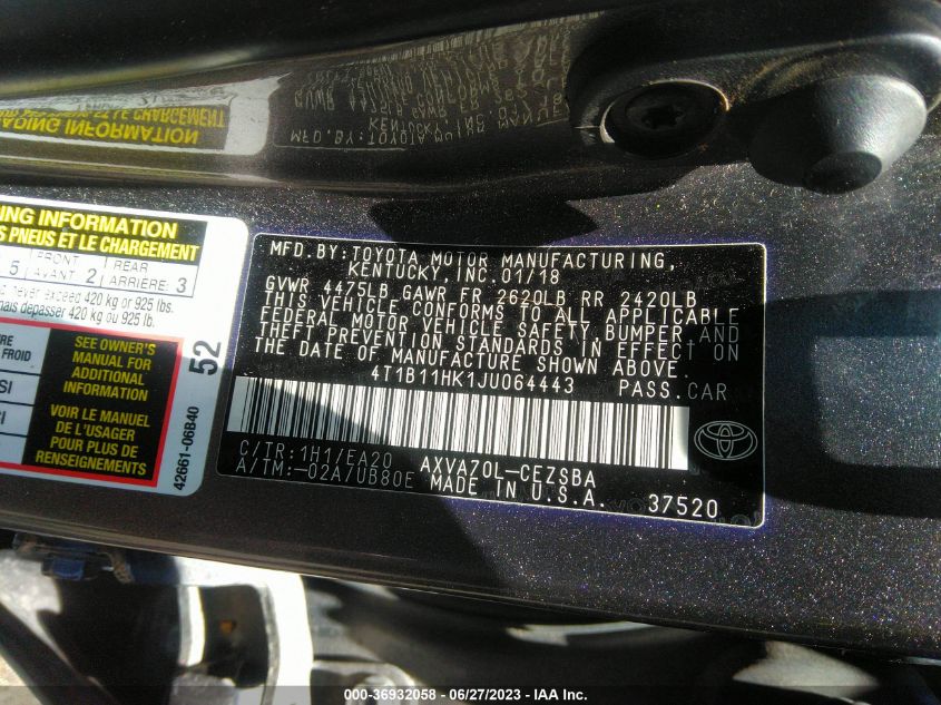 2018 TOYOTA CAMRY LE/SE/XLE/L - 4T1B11HK1JU064443