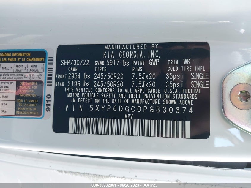 VIN 5XYP6DGC0PG330374 2023 KIA TELLURIDE S