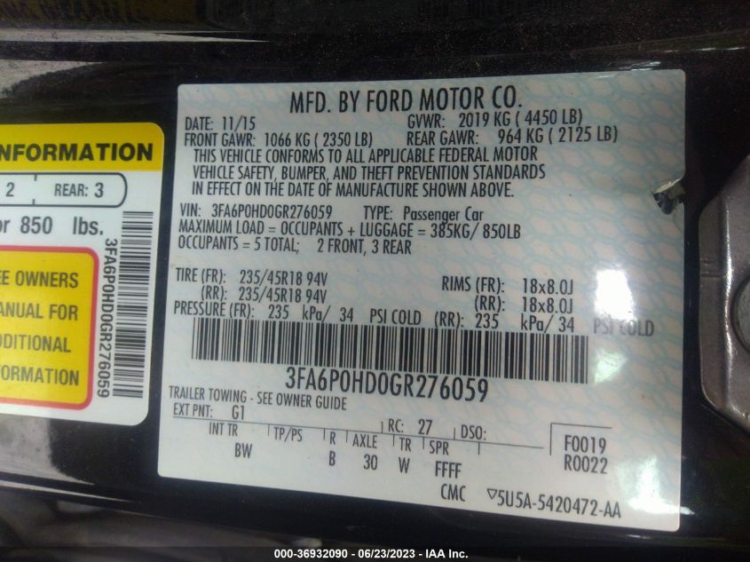 2016 FORD FUSION SE - 3FA6P0HD0GR276059