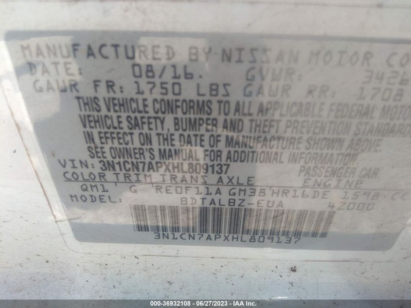 2017 NISSAN VERSA SEDAN SV - 3N1CN7APXHL809137