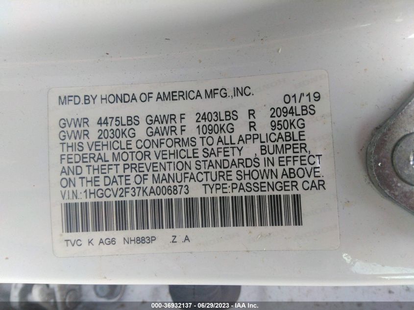 2019 HONDA ACCORD SEDAN SPORT 2.0T - 1HGCV2F37KA006873