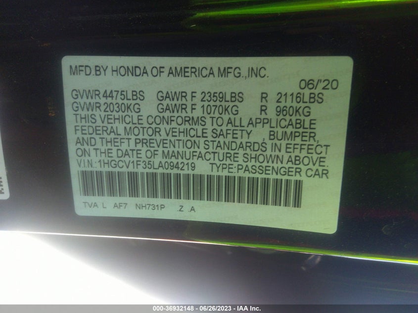 VIN 1HGCV1F35LA094219 2020 HONDA ACCORD SEDAN SPORT