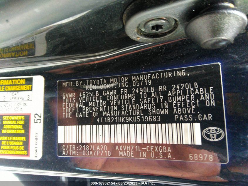 2019 TOYOTA CAMRY HYBRID - 4T1B21HK9KU519683