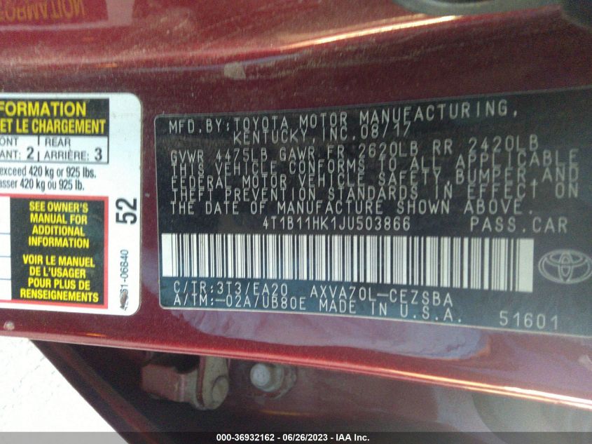 2018 TOYOTA CAMRY SE - 4T1B11HK1JU503866