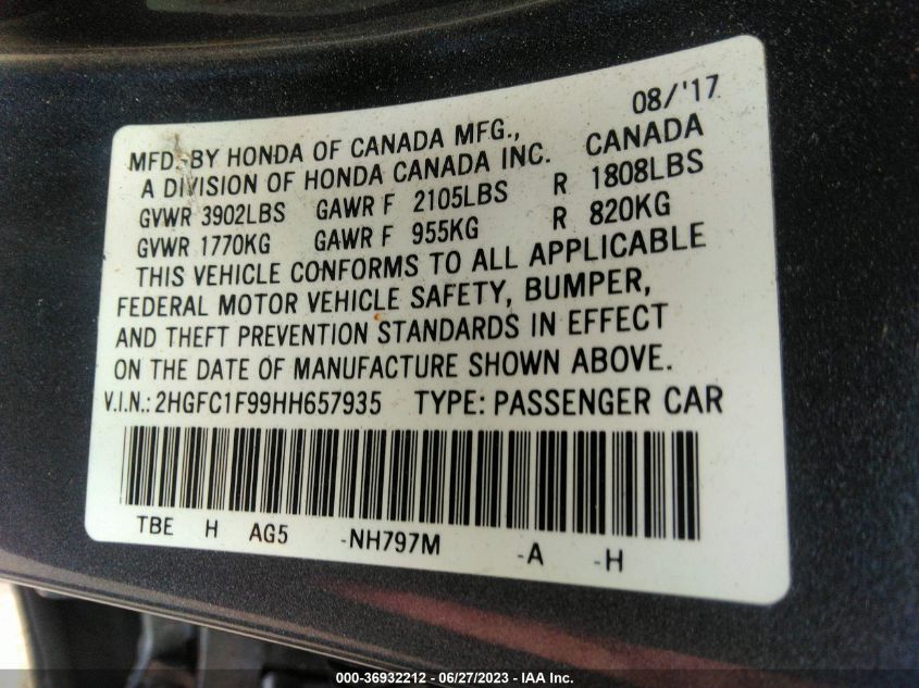 VIN 2HGFC1F99HH657935 2017 HONDA CIVIC SEDAN TOURING