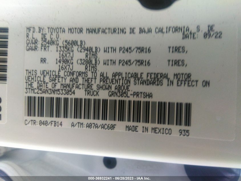 2022 TOYOTA TACOMA 4WD SR/SR5/TRD SPORT - 3TMCZ5AN3NM533054