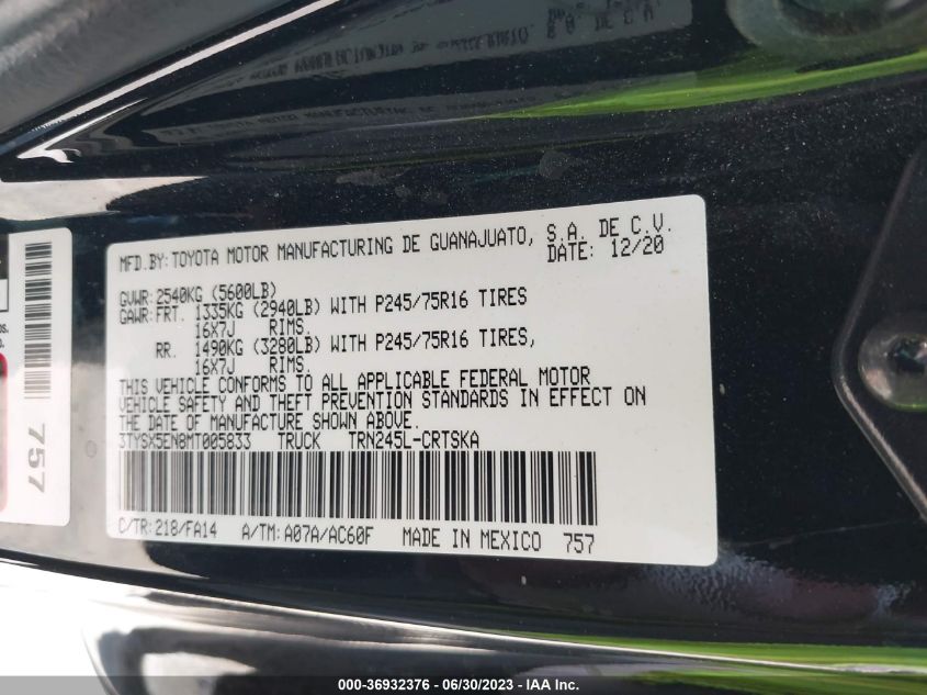 2021 TOYOTA TACOMA 4WD SR/SR5 - 3TYSX5EN8MT005833