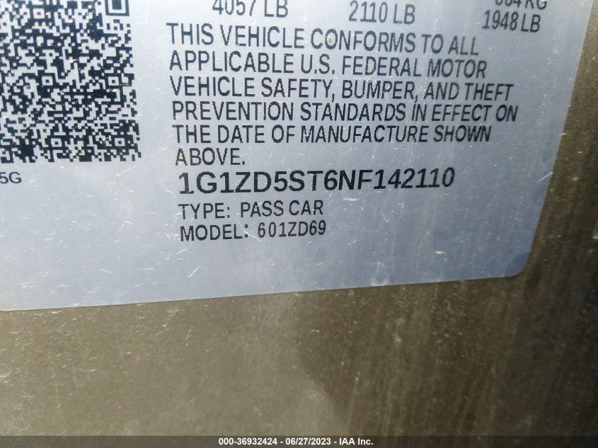 2022 CHEVROLET MALIBU LT - 1G1ZD5ST6NF142110