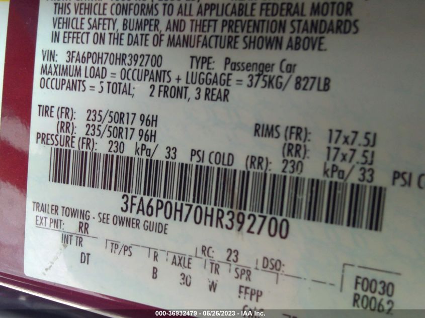2017 FORD FUSION SE - 3FA6P0H70HR392700