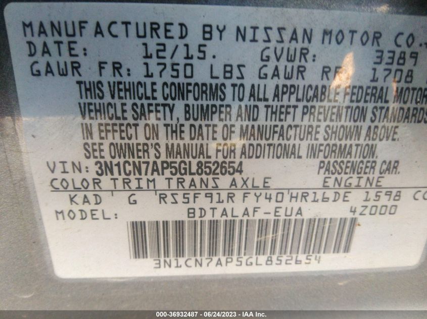 2016 NISSAN VERSA S/S PLUS/SV/SL - 3N1CN7AP5GL852654