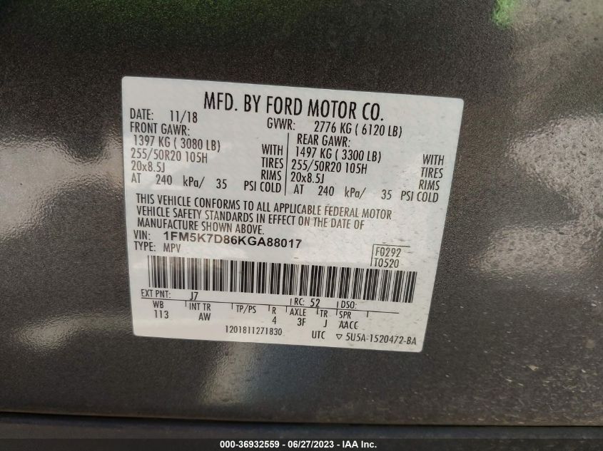 2019 FORD EXPLORER XLT - 1FM5K7D86KGA88017