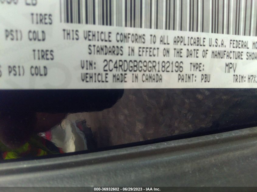 2016 DODGE GRAND CARAVAN AMERICAN VALUE PKG - 2C4RDGBG9GR182196