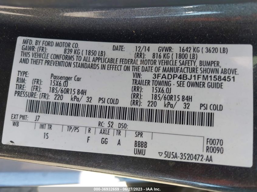 2015 FORD FIESTA SE - 3FADP4BJ1FM158451