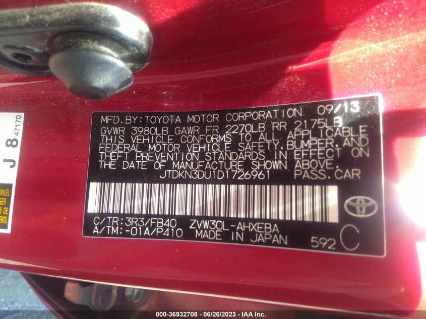 2013 TOYOTA PRIUS ONE/TWO/THREE/FOUR/FIVE - JTDKN3DU1D1726961