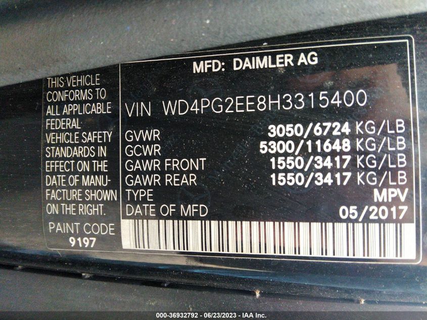 2017 MERCEDES-BENZ METRIS PASSENGER VAN - WD4PG2EE8H3315400