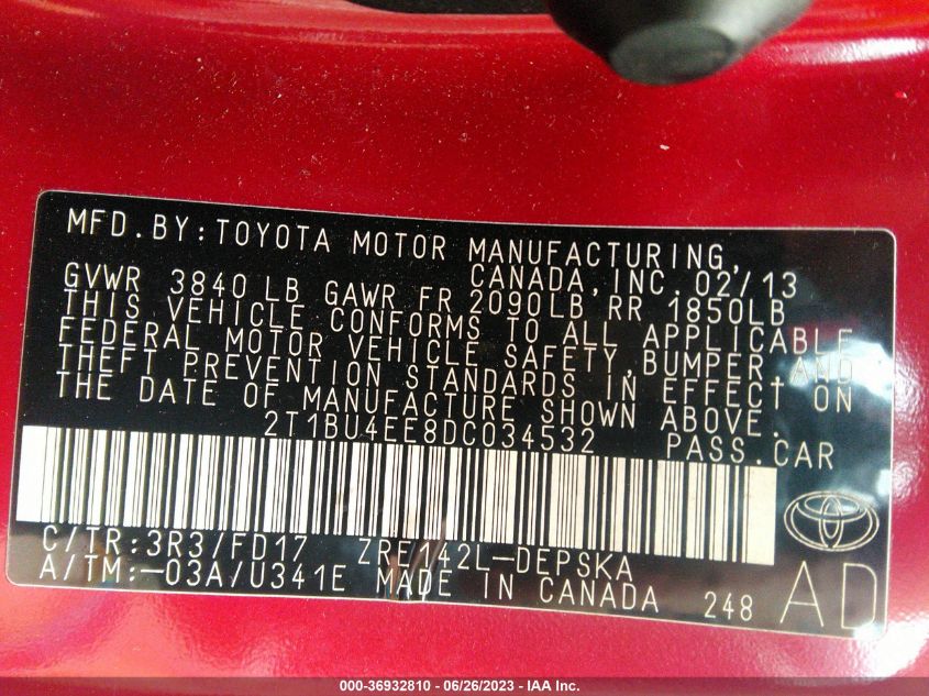 2013 TOYOTA COROLLA L/LE/S - 2T1BU4EE8DC034532