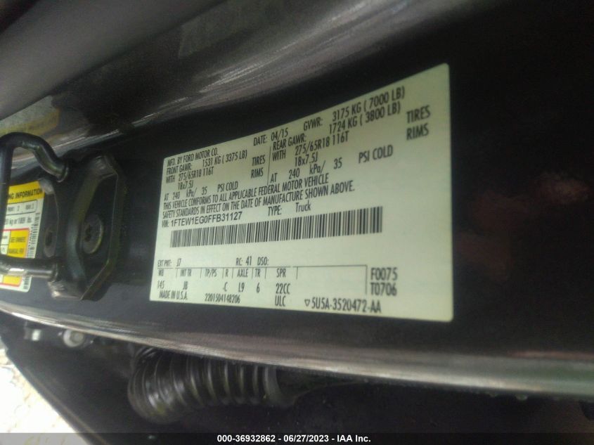 2015 FORD F-150 XLT/XL/LARIAT/PLATINUM - 1FTEW1EG0FFB31127