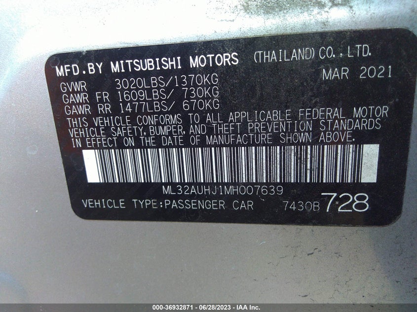 VIN ML32AUHJ1MH007639 2021 MITSUBISHI MIRAGE ES/LE/CARBONITE EDITION