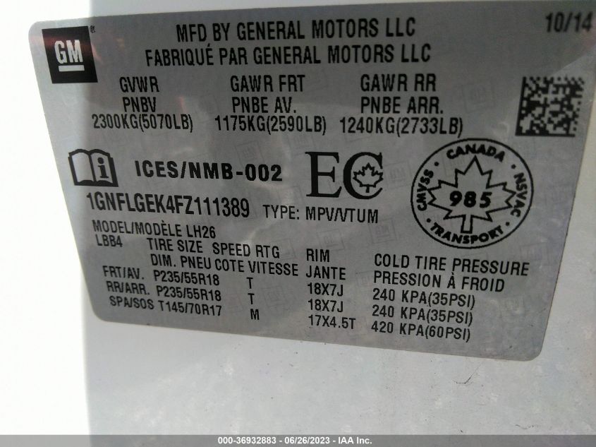 2015 CHEVROLET EQUINOX LT - 1GNFLGEK4FZ111389