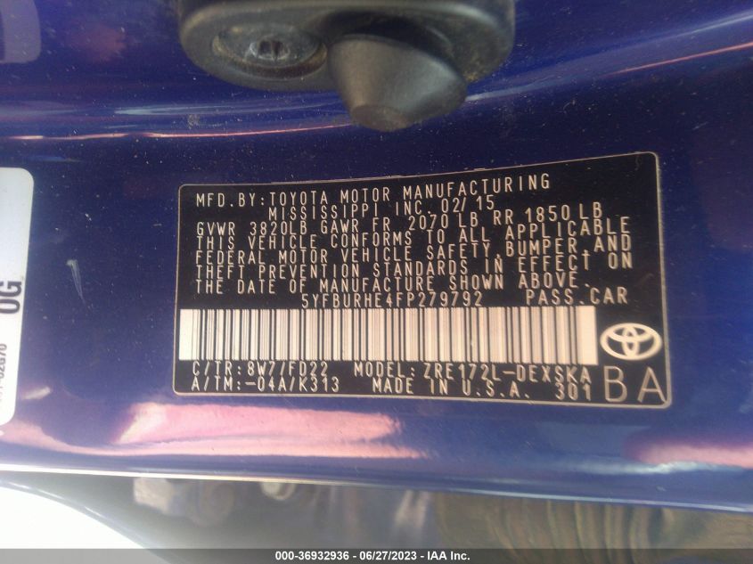 2015 TOYOTA COROLLA L/LE/S/S PLUS/LE PLUS - 5YFBURHE4FP279792