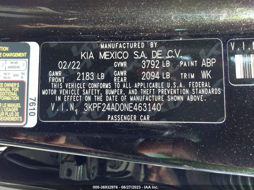2022 KIA FORTE LXS - 3KPF24AD0NE463140