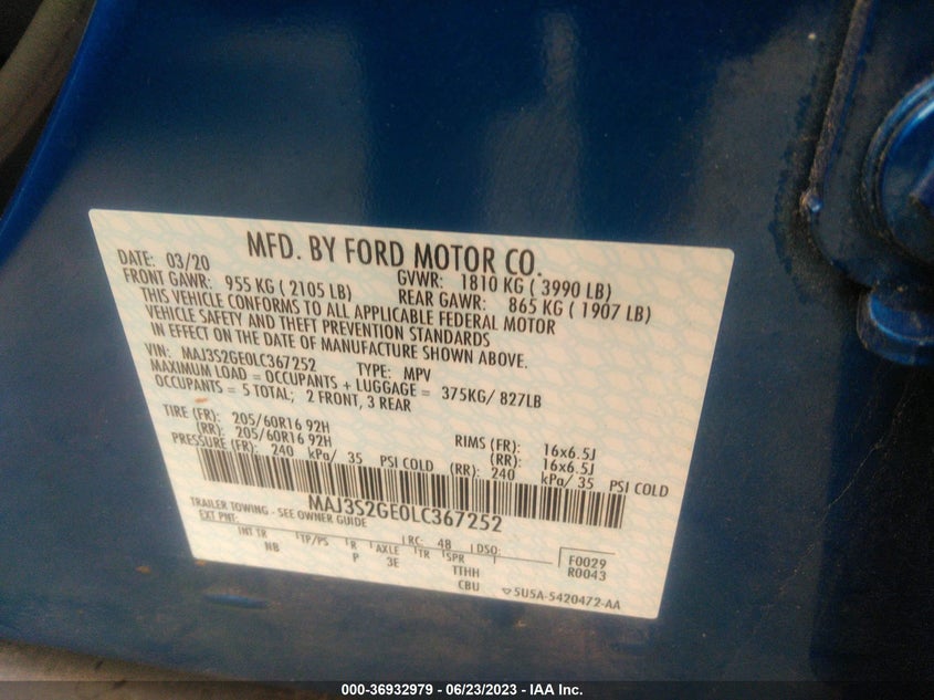 VIN MAJ3S2GE0LC367252 2020 FORD ECOSPORT SE
