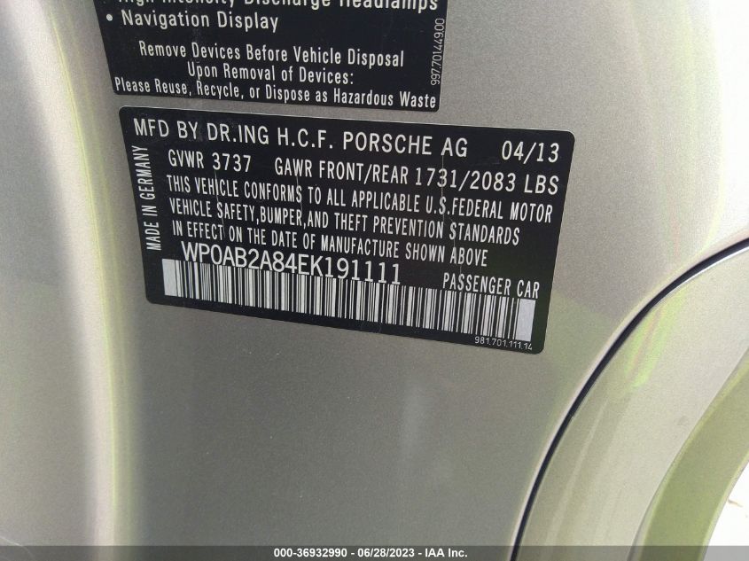 2014 PORSCHE CAYMAN S WP0AB2A84EK191111