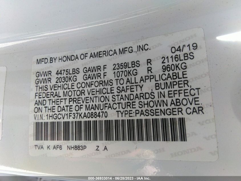 2019 HONDA ACCORD SEDAN SPORT 1.5T - 1HGCV1F37KA088470