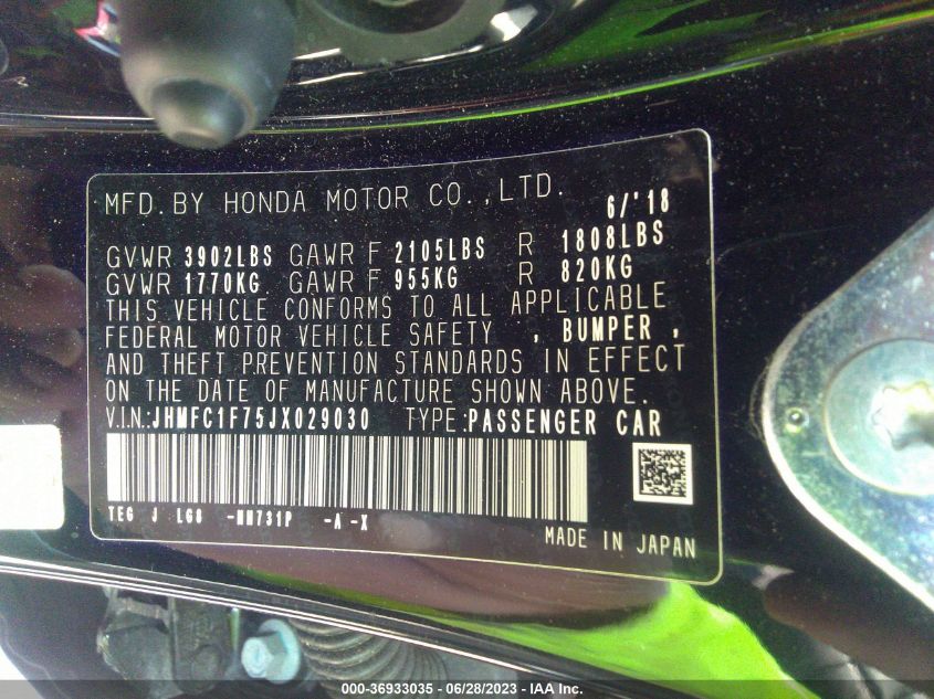 2018 HONDA CIVIC SEDAN EX-L - JHMFC1F75JX029030