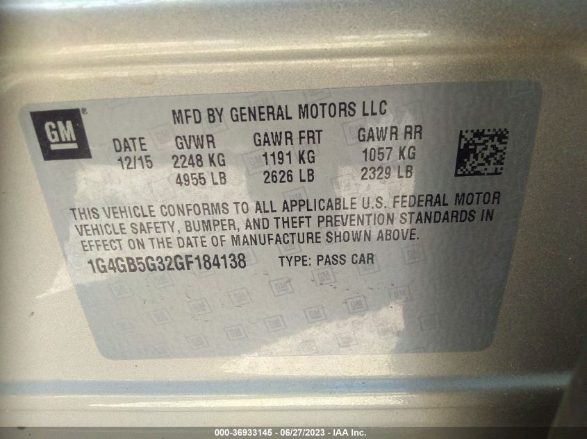 2016 BUICK LACROSSE LEATHER - 1G4GB5G32GF184138